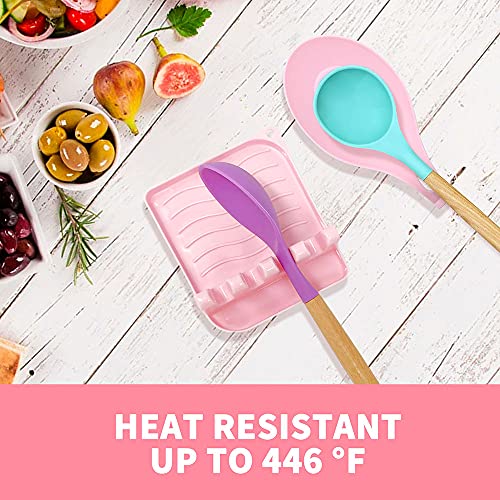 LSVGOE 2 Pack Multiple Utensil Spoon Rest with Drip Pad Non-Slip Heat Resistant Kitchen and Grill Spoon Holder for Spatula, Ladle, Tongs, Kitchen Gadgets, and Cooking Accessories (Cute Pink)
