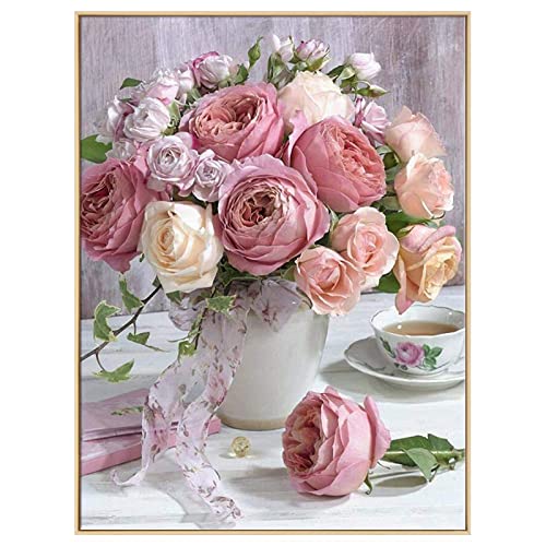 Shabby Pink & White Roses in a Vase Diamond Painting Kit for Adults & Kids, 5D Full Drill Round