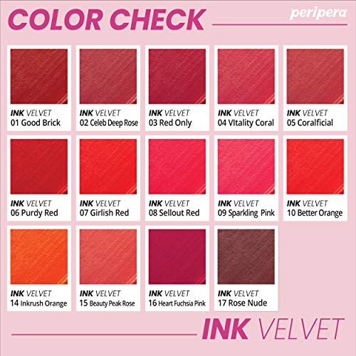 Peripera Ink the Velvet Liquid Lip | High Pigment Color, Longwear, Weightless, Not Animal Tested, Gluten-Free, Paraben-Free | Beauty Peak Rose (#15), 0.14 fl oz