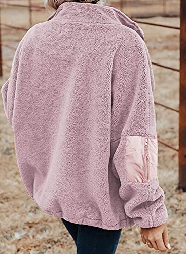 BTFBM Women Long Sleeve Full Zip Jackets Casual Solid Color Loose Fleece Short Teddy Coats Jacket Outerwear With Pockets(Solid Pink, Medium)