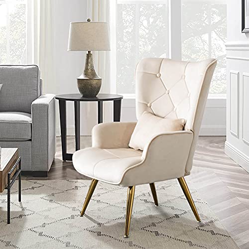 Altrobene Modern Accent Chair, Velvet Lounge Chair, Living Room/Bedroom Arm Chair with Pillow, Button Tufted, Golden Finished, Beige