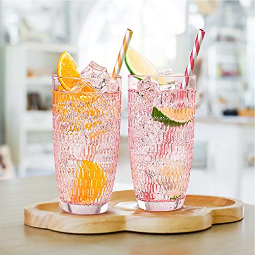 CREATIVELAND Highball Beverage Glasses Set of 6 Romantic PINK Colored Thick & Heavy Base Big Capacity 14.87oz|440ml, Drinking Glass Tumblers for Iced Tea, Water, Soda & Juice and Cocktails etc