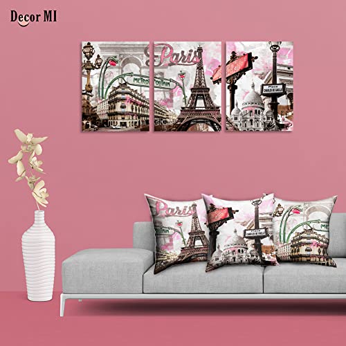 Romantic City of Paris Prints 3-Piece Flannel Home Decor Pillow Cushion Covers, Pink and Brown