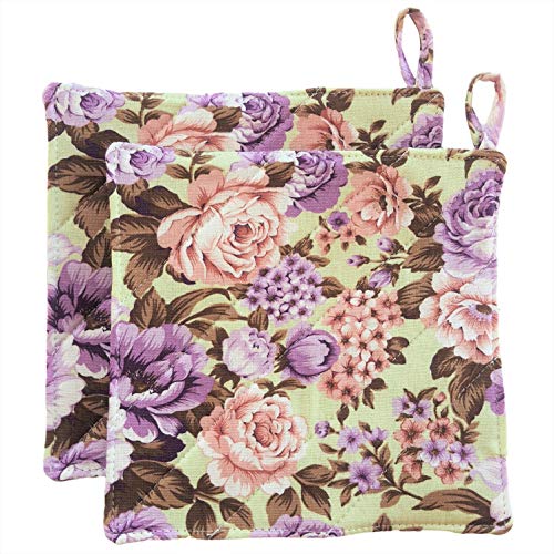 CUSHYSTORE Canvas Pot Holder Oven Pads Potholders for Cooking Kitchen 7.75", 2 Packs (Purple Rose Garden)