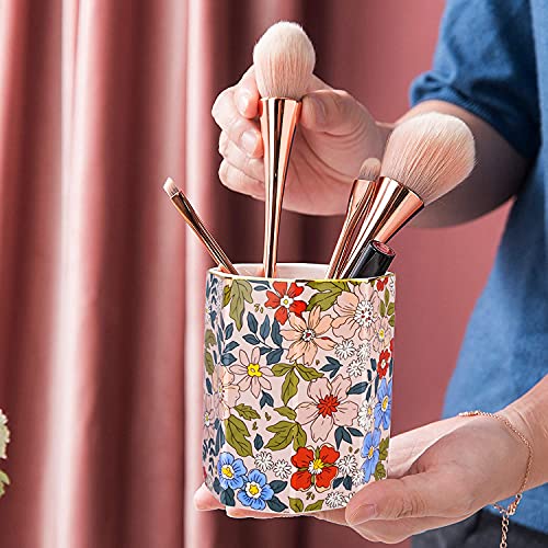 Ceramic Desk Organizer, Pencil Cup, Pen Holder, Makeup Brush Holder for Office, Classroom, Bathroom - Pink Floral