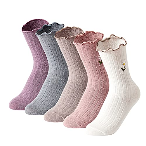 5 Pair Pack - Women's High Ankle Knit Ruffled Daisy Embroidered Dress Socks