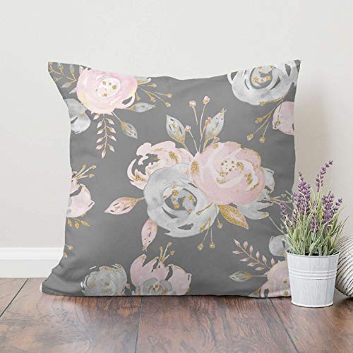 Hwensona Golden Blush Roses Floral On Gray Summer Watercolor Glitter Flowers Throw Pillow Covers and Cases Modern, Decorative Cover Sets for Pillows - Couch, Bed, Home Decor (18" 18")