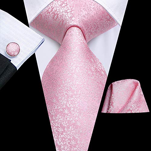 Dubulle Mens Pink Tie Set for Men Silk Pink Floral Neckties Handkerchief Cufflinks Set