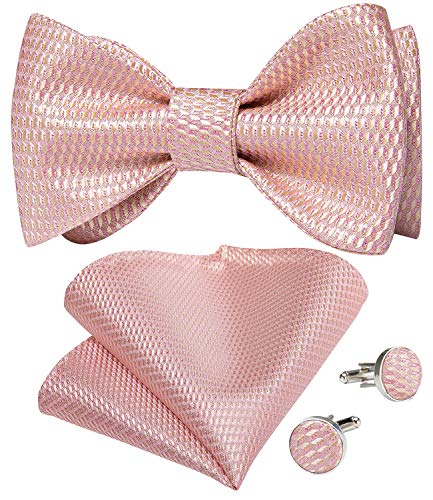 DiBanGu Rose Gold Bow Ties for Men Blush Pink Bow Tie and Pocket Square Cuffllinks Formal Business Wedding