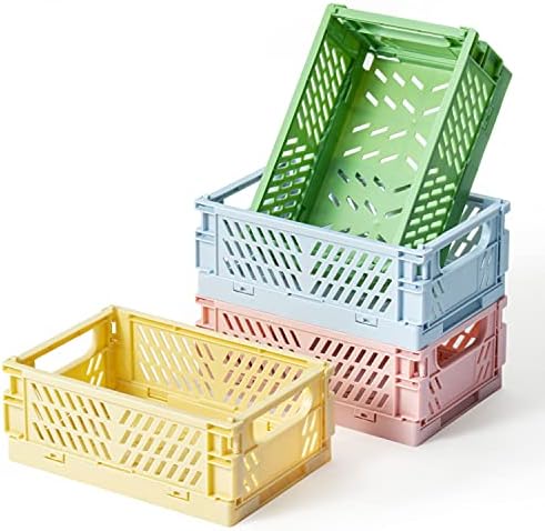 D1resion 4Pcs Mini Stackable Crates Decor Danish Pastel Aesthetic Stacking Folding Plastic Storage Crate Foldable Bin Baskets Tray with Handles for Shelf Grocery Kitchen Bedroom Desktop Organizer Box