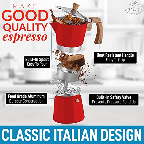 Zulay Classic Stovetop Espresso Maker for Great Flavored Strong Espresso, Classic Italian Style 3 Espresso Cup Moka Pot, Makes Delicious Coffee, Easy to Operate & Quick Cleanup Pot (Red)