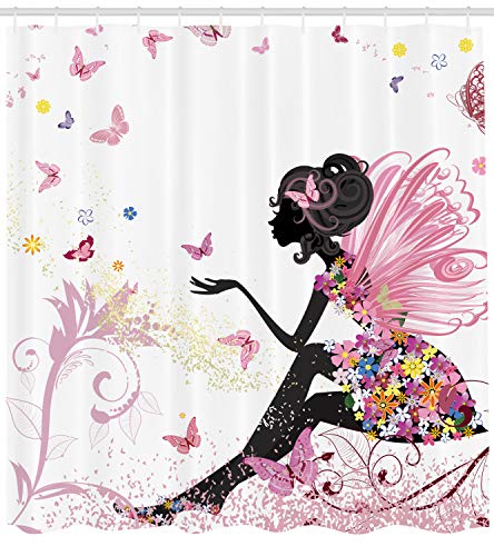 Fantasy Shower Curtain, Young Girl Silhouette w/Butterflies, Pink Print