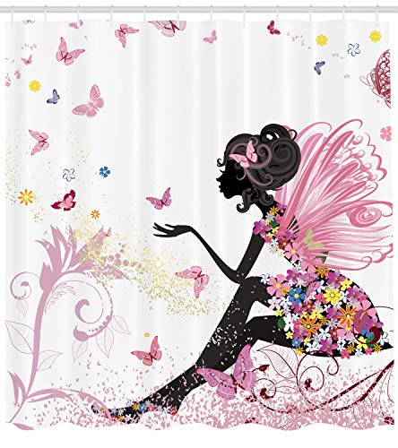 Ambesonne Fantasy Shower Curtain, Girl Silhouette in a Floral Dress Surreal Garden Flying Butterflies Print, Cloth Fabric Bathroom Decor Set with Hooks, 69" W x 84" L, Multicolor