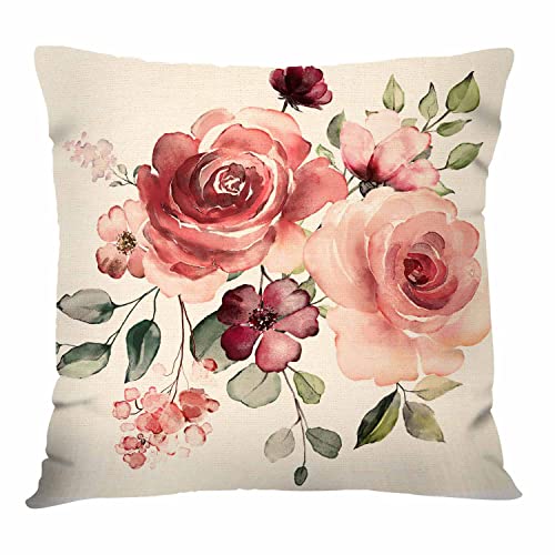 IBILIU Watercolor Flowers Throw Pillow Covers 18X18,Pink Rose Floral Leaf Botanic Branch Linen Burlap Cushion Cases Decorative Pillow Cases for Couch Sofa Bedroom