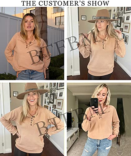BTFBM Women's Sweaters Casual Long Sleeve Button Down Crew Neck Ruffle Knit Pullover Sweater Tops Solid Color Striped (Solid Apricot, Medium)