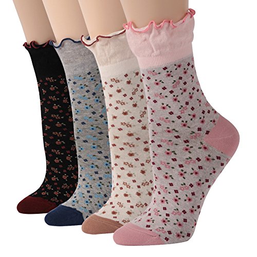 Women Ankle Casual Socks, Funcat Ladies Girls Fashion Floral Pattern Rumi Lace Novelty Gift Crew Dress Socks 4 Pairs