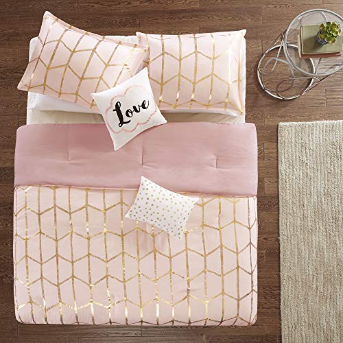 Intelligent Design Raina Comforter Set Metallic Print Geometric Design, Modern Trendy All Season Bedding Set, Matching Sham, Decorative Pillow, Blush/Gold, Full/Queen, 5 Piece