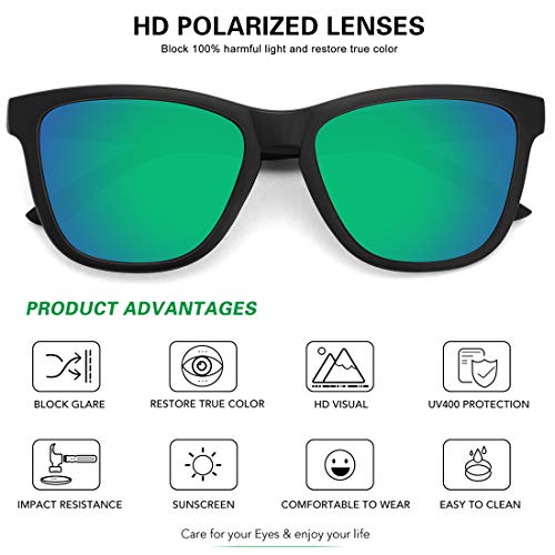 MEETSUN Polarized Sunglasses for Women Men Classic Retro Designer Style UV400 Protection (Matte Black Frame / Green Mirrored Lens, 54)