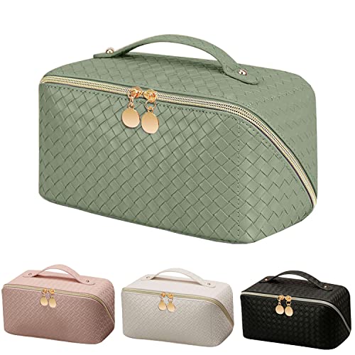 MLAY PU Travel Cosmetic Bag - Makeup Bag, Large Capacity Leather Waterproof Cosmetic Bags, Women Portable Travel Makeup Bag With Handle and Divider Flat Lay make up bag