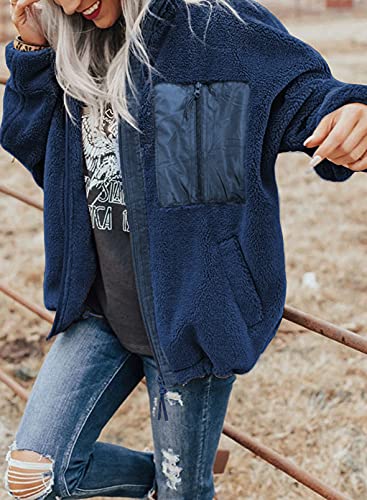 BTFBM Women Long Sleeve Full Zip Jackets Casual Solid Color Loose Fleece Short Teddy Coats Jacket Outerwear With Pockets(Solid Dark Blue, Large)
