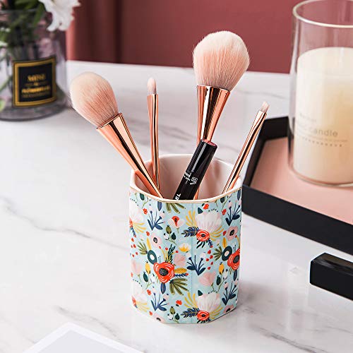 Ceramic Desk Organizer, Pencil Cup, Pen Holder, Makeup Brush Holder for Office, Classroom, Bathroom - Mint Flowers