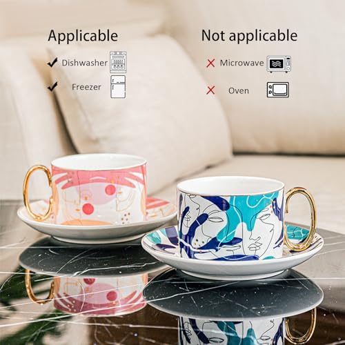 ICHAG Cups and Saucers Set of 6, Coffee Mugs, Tea Cups Set with Bowknot, Tea Set, 18-piece, Cup with 8.4oz, Golden Spoon, For Tea Party, Christmas Gifts, Gifts for Home Office