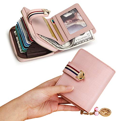 Small Leather Wallets for Women, Split Cowhide Gift Box Packing Ladies Bifold Purses with Zipper Coin Pocket Women's Mini Zip Around Wallets Girls Compact Card Case Purse Credit Card Holders (Pink)