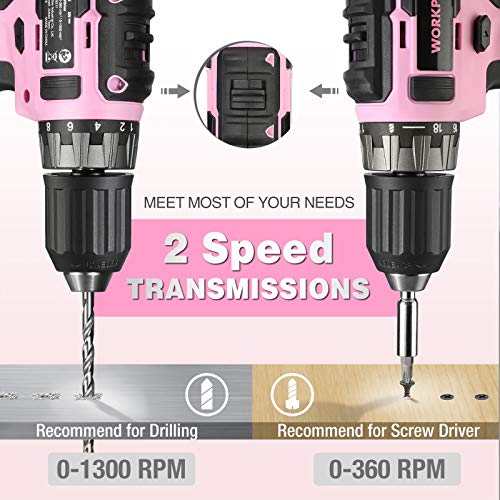 WORKPRO 20V Pink Cordless Drill Driver Set, 3/8” Keyless Chuck, 2.0 Ah Li-ion Battery, 1 Hour Fast Charger and 11-inch Storage Bag Included
