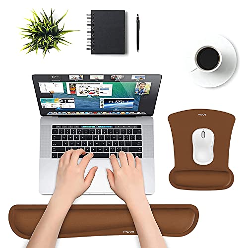 MOSISO Wrist Rest Support for Mouse Pad & Keyboard Set, Ergonomic Mousepad Non-Slip Base Home/Office Pain Relief & Easy Typing Cushion with Neoprene Cloth & Raised Memory Foam, Brown