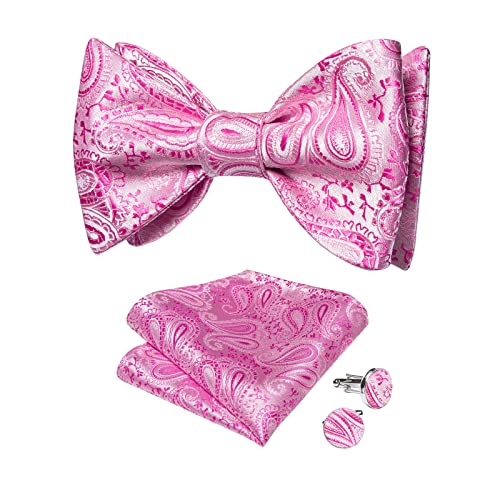 DiBanGu Mens Silk Pink Paisley Jacquard Self Bow Tie Pocket Square Cufflinks Set Formal Tuxedo Wedding Bowties Handkerchief Set