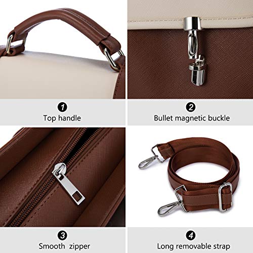 Laptop Bag for Women 15.6 Inch Leather Computer Bag Waterproof Briefcase Messenger Bag for Work College, Brown-Beige
