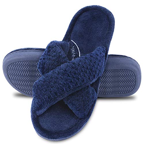 DL Women's Open Toe Cross Band Slippers, Memory Foam Slip on Home Slippers for Women with Indoor Outdoor Arch Support Rubber Sole, Navy, 9-10