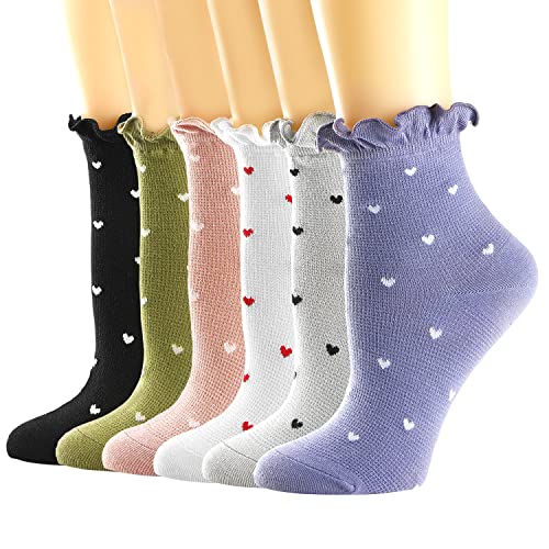 Women's Socks,Ruffle Ankle Socks Comfort Cool Thin Cotton Knit Low Cut Hearts Pattern Cute Frilly Socks For Women,Kawaii Mary Jane Socks 6-pair Pack