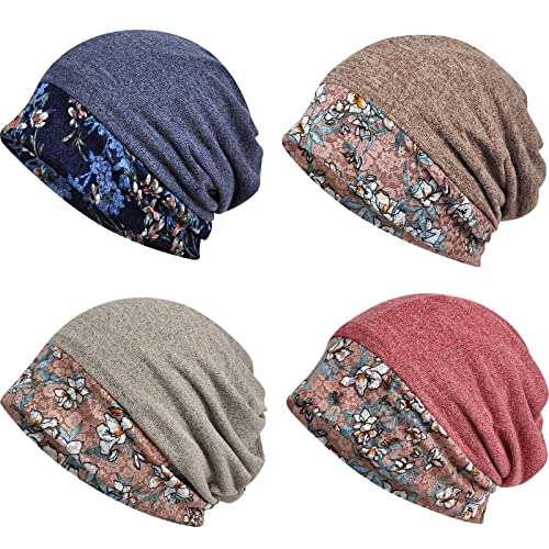 Cotton Beanie Flower Lace Turban, Sleep Cap, Chemo Cap, Slouchy Hat (4 Pack)