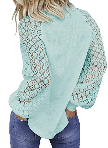 MIHOLL Women’s Long Sleeve Tops Lace Casual Loose Blouses T Shirts (Lake Blue, Small)