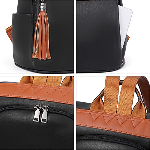 BROMEN Backpack Purse for Women Leather Anti-theft Travel Backpack Fashion Shoulder Bag Contrast Black