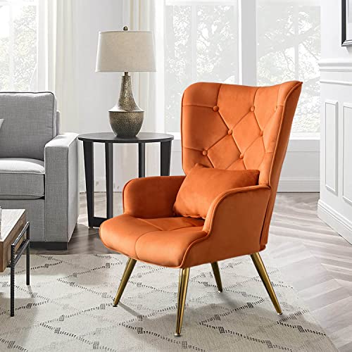 Altrobene Modern Accent Chair, Velvet Lounge Chair, Living Room/Bedroom Arm Chair with Pillow, Button Tufted, Golden Finished, Caramel