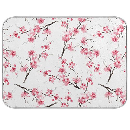 Cherry Blossoms Flowers Dish Drying Mat 16x18 for Kitchen Sakura Branch Pink White Floral Dishes Pad Dish Drainer Rack Mats Absorbent Fast Dry Kitchen Accessories