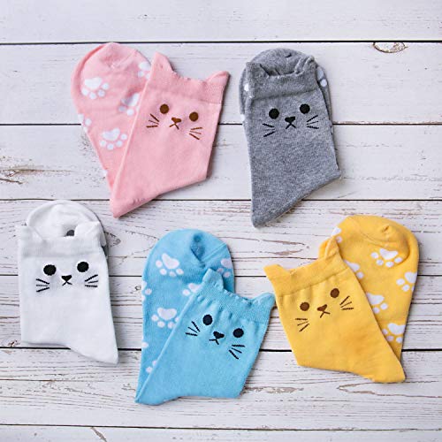 5 Pairs Cute Cat Lovers 100% Cotton Socks in Pink, Orange, Blue, White & Gray