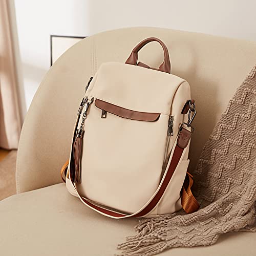 BROMEN Backpack Purse for Women Leather Anti-theft Travel Backpack Fashion Shoulder Bag Contrast Beige