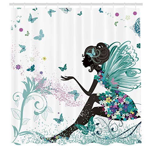 Ambesonne Fantasy Shower Curtain, Spring Girl Wings in a Floral Dress Surreal Garden Butterflies Print, Cloth Fabric Bathroom Decor Set with Hooks, 69" W x 75" L, Almond Green