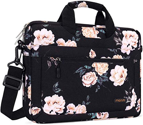 MOSISO Laptop Shoulder Bag Compatible with MacBook Pro 16 inch 2021 M1 Pro/Max A2485/2019-2020 A2141,15-15.6 inch Notebook,Camellia Messenger Carrying Briefcase with Adjustable Depth at Bottom, Black