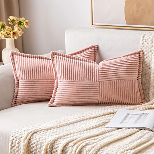 MIULEE Corduroy Pillow Covers with Splicing Set of 2 Super Soft Boho Striped Pillow Covers Broadside Decorative Textured Throw Pillows for Spring Couch Cushion Livingroom 12 x 20 inch, Pink