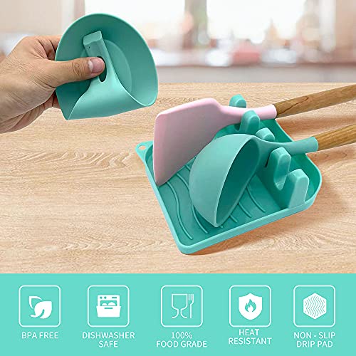 LSVGOE 2 Pack Multiple Utensil Spoon Rest with Drip Pad Non-Slip Heat Resistant Kitchen and Grill Spoon Holder for Spatula, Ladle, Tongs, Kitchen Gadgets, and Cooking Accessories (Lake Green)