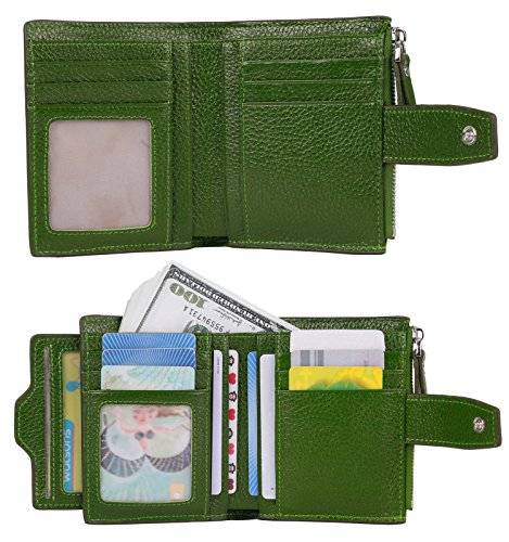 AINIMOER Women's RFID Blocking Leather Small Compact Bi-fold Zipper Pocket Wallet Card Case Purse(Lichee Green)