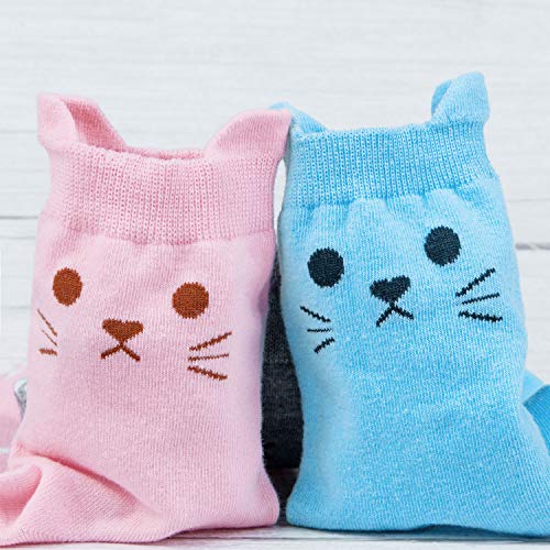 5 Pairs Cute Cat Lovers 100% Cotton Socks in Pink, Orange, Blue, White & Gray