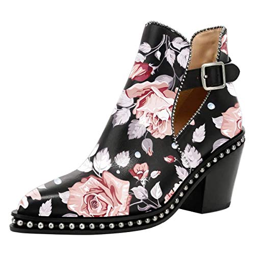 Women's Big Pink Roses Studded Leather Chunky Heel Ankle Boots w/Buckle, Sizes 4 to 15