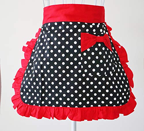 Waist Apron Cute Vintage 50’s Cooking Kitchen Retro Lovely Ruffle Apron with Pockets for Women Girls (Red)