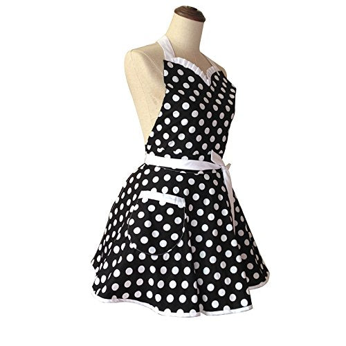 Hyzrz Lovely Sweetheart Retro Kitchen Aprons Woman Girl Cotton Polka Dot Cooking Salon Pinafore Vintage Apron Dress Mother‘s Gift (Black)
