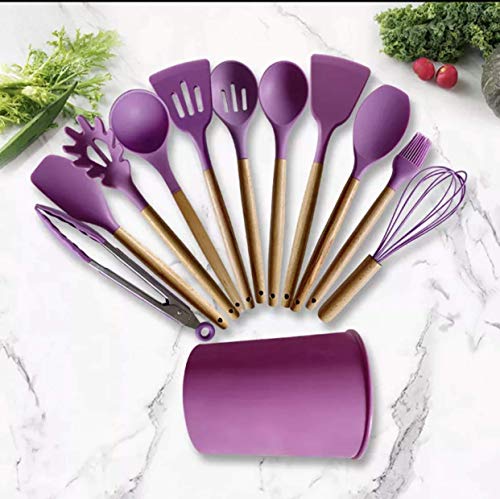 Kitchen Cooking Utensils Set 12 Pieces Silicone Wooden Handle High Heat Resistance Premium Silicone Kitchen Gadgets Spatula Set with Holder BPA Free (Purple)